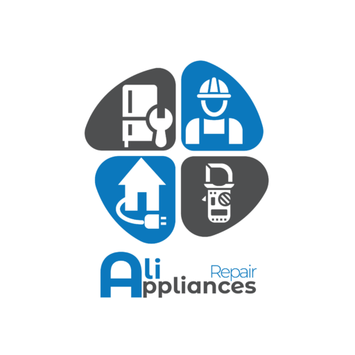 Logo of ``Ali Appliances Repair`` featuring four quadrants with icons: refrigerator and wrench, person in hard hat, plug and house, and wrench with gears. The name ``Ali Appliances Repair`` is in blue and gray text below.