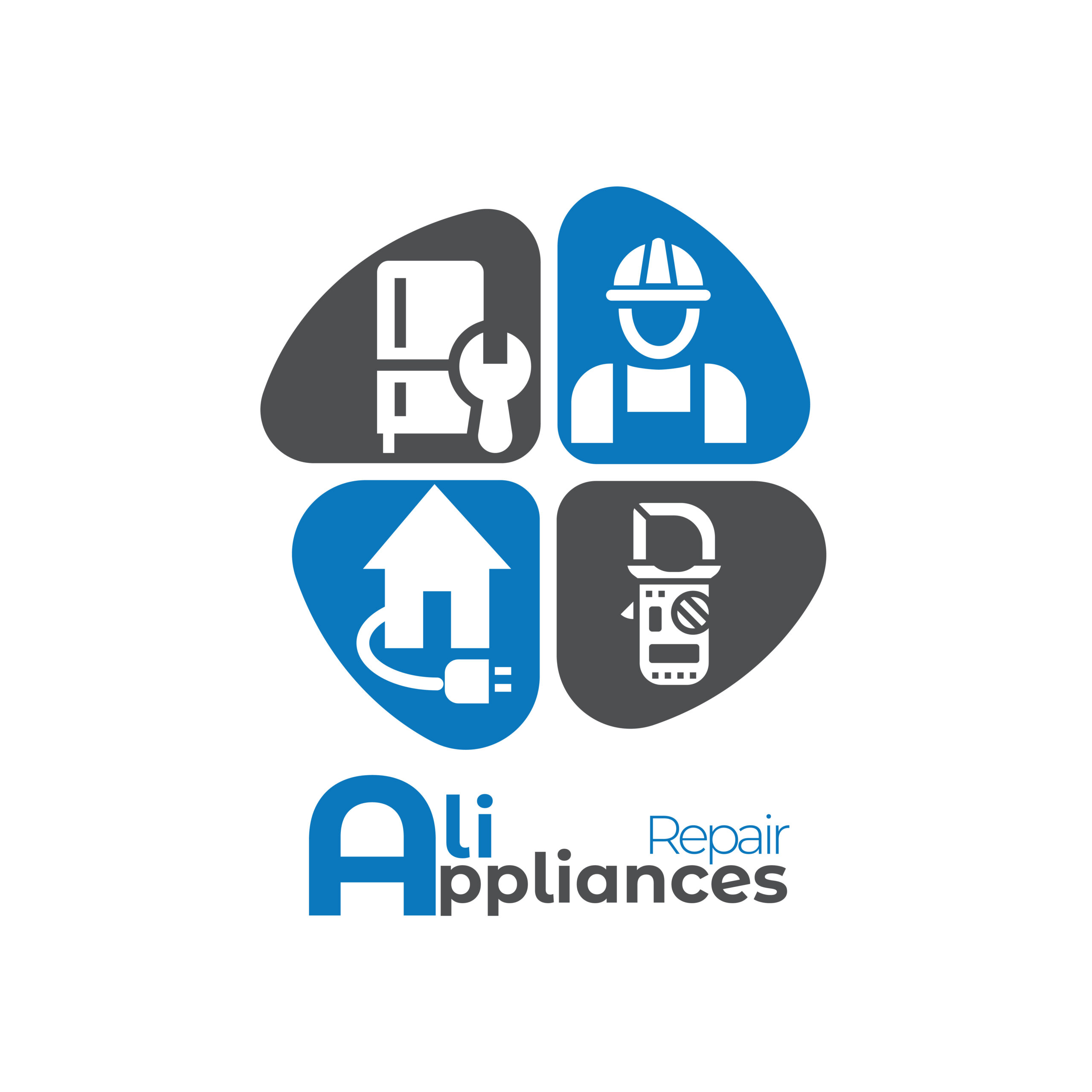 Logo for Ali Appliances Repair in Chicago, featuring four icons: a fridge with wrench, a person with hard hat, an arrow with plug, and a repair tool. The text ``Ali Appliances Repair`` appears below in blue and gray.